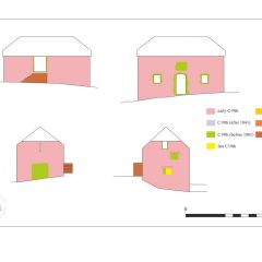 Phased elevation drawing of farm buildings at Maker Farm, Rame Peninsula, Cornwall. Based on Historical building survey by Oakford Archaeology
